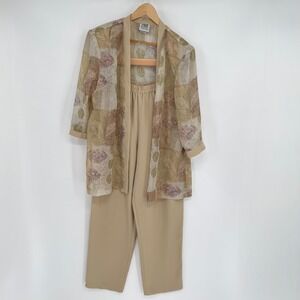 R&M Rcihards Lightweight Tan‎ Leaf Pattern Sheer Cardigan/Beige Pants Set Sz 18
